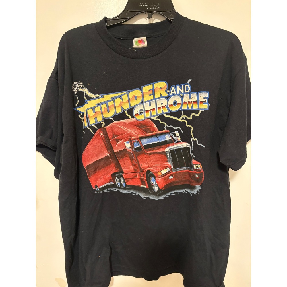 Vintage Fruit of the Loom Thunder and Chrome Semi Truck Graphic T-Shirt XL Black